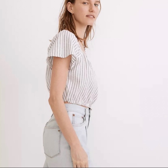 Madewell Flutter-Sleeve Button-Front Crop Top in Stripe - Picture 3 of 9
